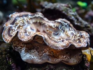 Close-up of a colourful clam resting on a coral reef, showcasing its intricate patterns and vibrant underwater habitat.