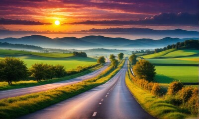Wide road in the countryside at sunrise - symbolizes the path to a brighter future.