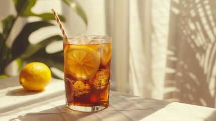 a glass of Iced tea and lemon on the blurry background. Summer Cocktails.