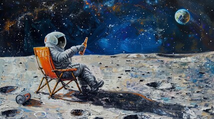 Oil painting of Astronaut sitting on a camping chair on the moon holding a beer bottle, generated with AI