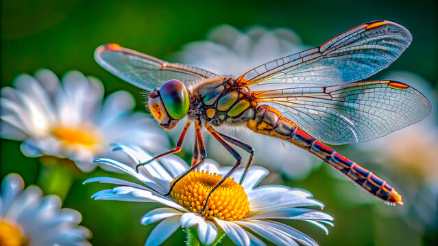 A dragonfly sits on a daisy