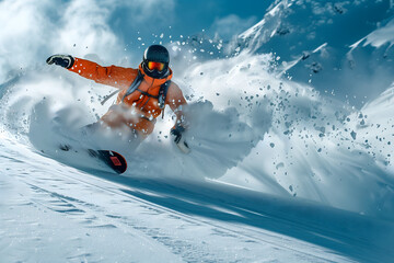 A snowboarder sending up clouds of pristine snow. The snow sparkles in the sunlight, casting a magical glow over the scene