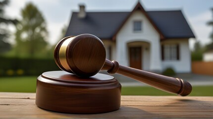 Real estate law presentations, property purchase advertisements, legal articles on homeownership,Judge Gavel Against Private House: Symbolizing Legal Concepts in Real Estate
