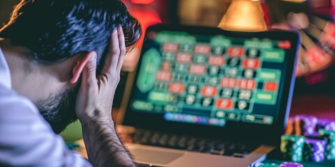 Close-up of a man holding his head in despair, with a laptop displaying online roulette, highlighting the emotional toll of gambling losses.