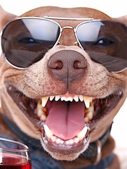 Portrait of a boxer wearing sunglasses and holding a glass of red wine, wagging it's tongue, happy expression, staring directly at the camera, modern minimalist white decor, high re, generated with AI