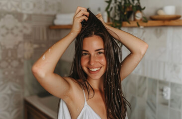 woman in her late thirties, smiling and holding up her hair with both hands to show off the smooth texture of her shiny long dark brown straight hair after washing it at home, wearing a white towel