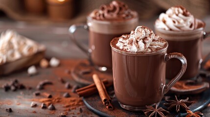 Hot chocolate cocoa with whipped cream on table 