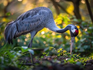 Obraz premium Grey crane foraging in green grass.
