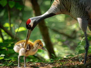 Obraz premium A crane bends gently towards its chick amidst natural vegetation.