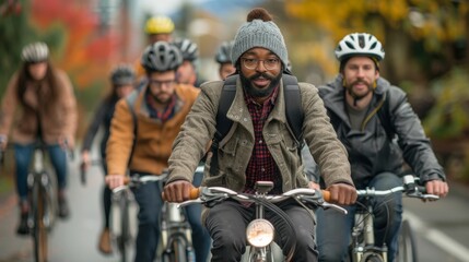 Fototapeta premium A group of people are riding bikes down a street