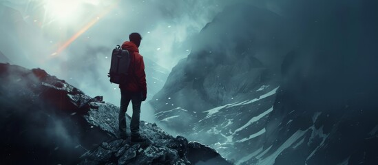 Obraz premium The back of a man with a bag on his back, standing on a high mountain, looking down,mysterious content,Dramatic light, generated with AI