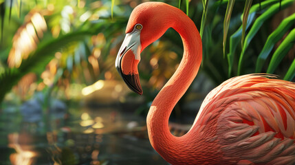 A vibrant orange flamingo stands gracefully. - obrazy, fototapety, plakaty