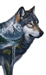 An intricate and surreal art piece featuring a majestic wolf standing proudly on a awe-inspiring mountainous landscape. The wolf is masterfully painted 
