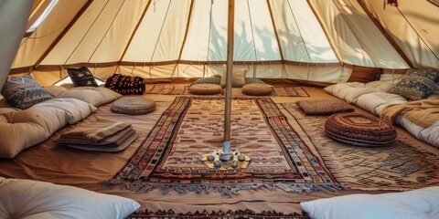 Naklejka premium The interior of a tipi. The floor has a rug, and there are pillows around the sides. Everything is folded, orderly, neat, and new, generated with AI