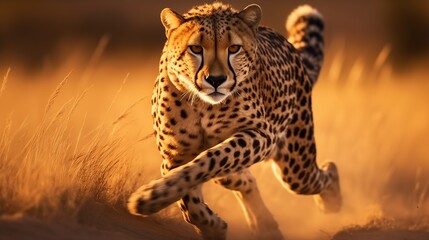 Agile cheetah sprinting across the African savannah at golden hour.