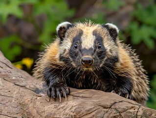 Naklejka premium Young badger peers curiously from atop a fallen log.