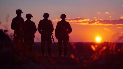 Loyal Comrades in Alliance: A dramatic scene with silhouettes of soldiers wearing helmets from WW2, standing firmly together, generated with AI