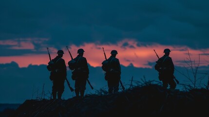 Loyal Comrades in Alliance: A dramatic scene with silhouettes of soldiers wearing helmets from WW2, standing firmly together, generated with AI