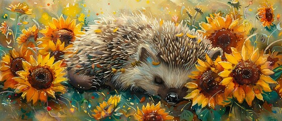 Watercolor hand drawn hedgehog in a field of sunflowers, pastel colors, serene natural scene
