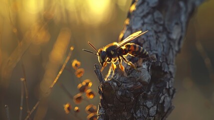 Bee flying with pollen on legs in sunlight.