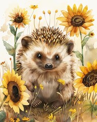 Bright pastel watercolor, cute hedgehog in a sunflower field, serene, hand drawn nature background
