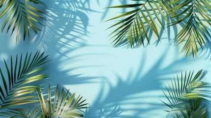 Fototapeta na wymiar Tropical palms leaf shadow on a blue background high resolution, 8k, generated with AI