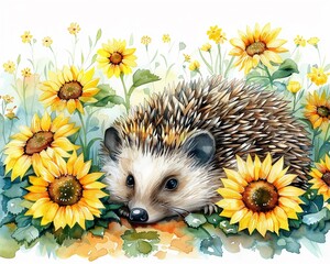 Charming and lovely hedgehog in a field of sunflowers, serene watercolor, bright pastels, hand drawn scene