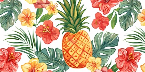 Watercolor style seamless pattern with pineapple and flowers on white background.