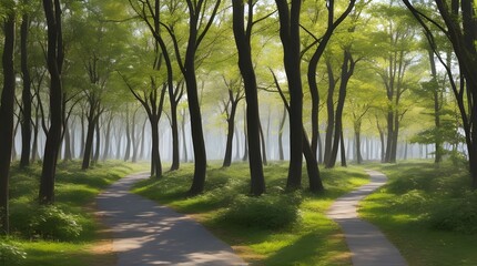 Fototapeta premium Tranquil Morning Sunlit Footpath in Deciduous Forest - Nature Walk, Outdoor Recreation, Health and Wellness, Environmental Conservation 