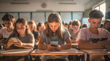 A group of focused students is seen using smartphones in a brightly lit classroom, possibly during a break or an interactive educational activity.