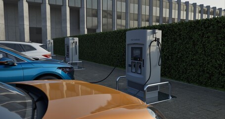 Generic electric car charging at station dock point in parking lot near shopping or office...