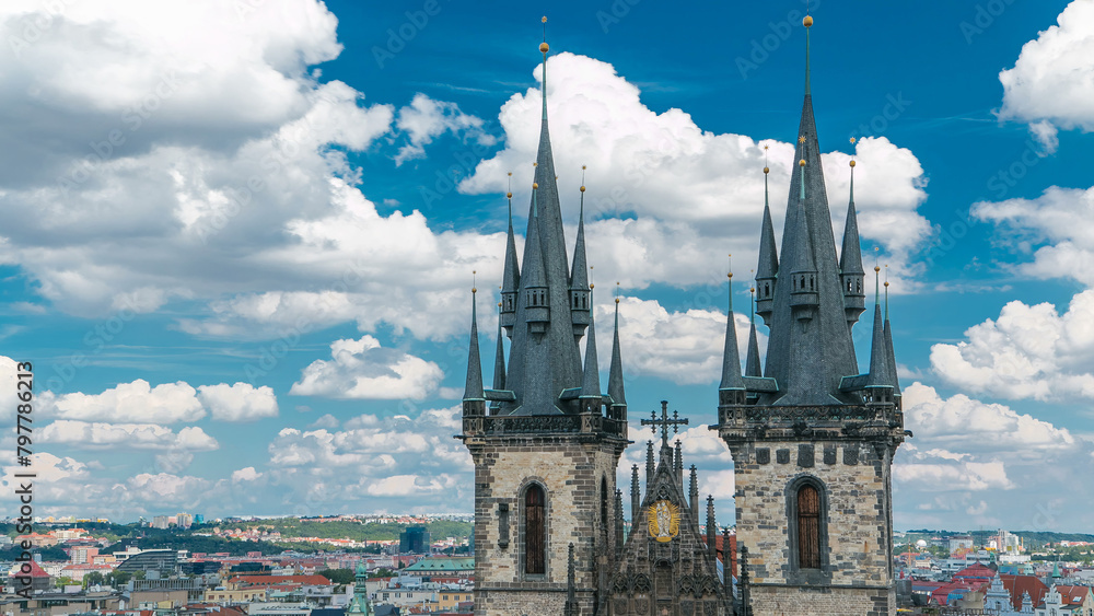 Wall mural Church of our lady before Tyn timelapse in Prague, Czech republic. Gothic church in Prague Old town with beautiful cloudy sky.