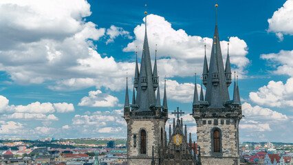 Church of our lady before Tyn timelapse in Prague, Czech republic. Gothic church in Prague Old town with beautiful cloudy sky.