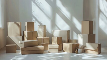 A room full of cardboard boxes with a window in the background