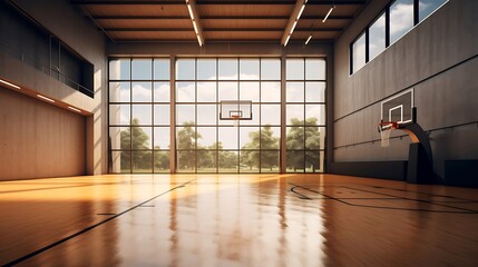 A cinematic basketball court with tall ceilings, soft natural light, and a stylish, modern color scheme.