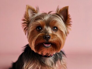 Naklejka premium Satisfied Yorkshire Terrier looking in the camera lies on a pink background