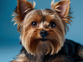 Satisfied Yorkshire Terrier looking in the camera lies on a blue background