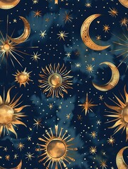 Seamless Navy Blue Background with Hand-drawn Gold Stars, Moons, and Suns Illustration