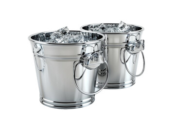 Two metal buckets filled with ice sit on a white background