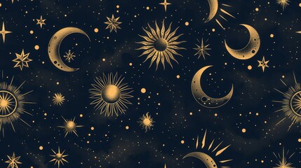 Seamless Navy Blue Background with Hand-drawn Gold Stars, Moons, and Suns Illustration