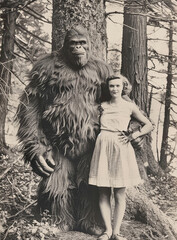 Photo of a woman and Bigfoot in the past, classic black and white photo, taken with a black and white film camera