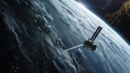 An artist's rendering of a satellite orbiting Earth, with a detailed view of the planet's surface...