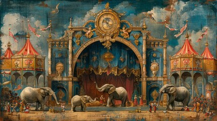 Fototapeta premium Vintage Circus Hand-Painted Poster Celebrating Acrobats and Performers in Vibrant Colors