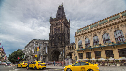 View of The Powder Tower timelapse hyperlapse and the Municipal House at the Republic Square in...