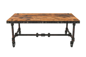 A sleek wooden table with industrial metal legs sits elegantly in a modern setting
