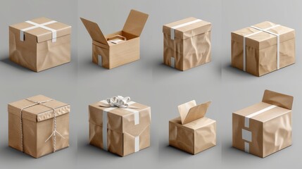 Fototapeta premium A stack of cardboard boxes with a variety of shapes and sizes. The boxes are all brown and appear to be empty