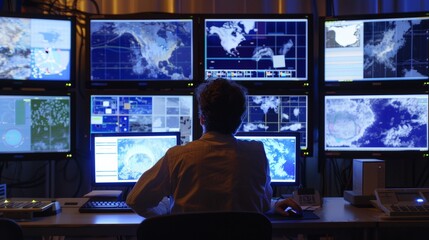 A person monitoring several computer screens displaying various world maps and satellite images in a high-tech control room environment.