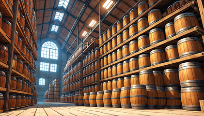 Warehouse with large wooden barrels. Generative AI