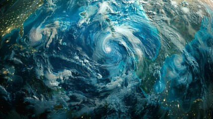 The image shows an aerial view of a massive, swirling hurricane over the ocean, with clouds and turbulent waters accentuating the storm's immense power.
