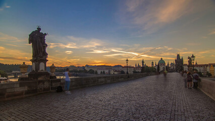 Charles Bridge in Prague during the sunrise timelapse, Bohemia, Czech Republic.